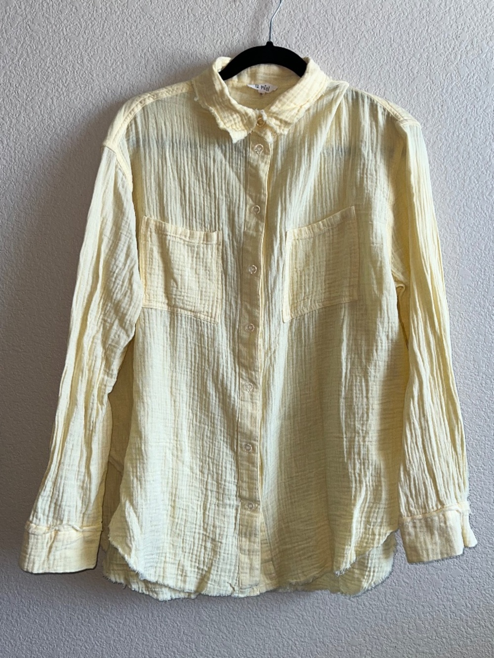 La Miel Women's 100% Cotton Yellow Plaid Button Up Shirt Raw Hem